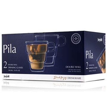 JoyJolt Pila Double Wall Insulated Coffee Mugs – 10 oz Double Walled Insulated Glasses Coffee Mug With Handle, Stackable, Sleek Modern Design – Set of 2