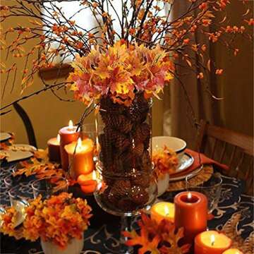 HUAESIN Artificial Maple Leaves Branches 4 Pcs Fake Silk Fall Leaves Stem Autumn Faux Flowers Fall Shrubs Bushes for Autumns Table Centerpieces Home Kitchen Thanksgiving Festival Decoration