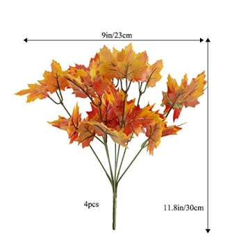 HUAESIN Artificial Maple Leaves Branches 4 Pcs Fake Silk Fall Leaves Stem Autumn Faux Flowers Fall Shrubs Bushes for Autumns Table Centerpieces Home Kitchen Thanksgiving Festival Decoration