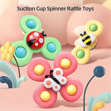 Baby Suction Cup Spinning Top Toys 3 Pcs, Infant Rattles Spinner Toy 6-12-18 Months,Sensory Spin Bat...