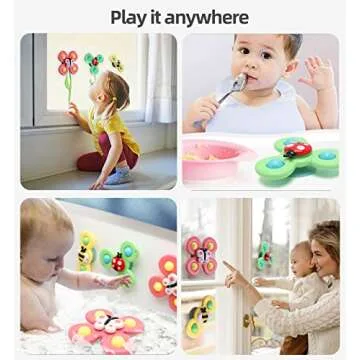Baby Suction Cup Spinning Top Toys 3 Pcs, Infant Rattles Spinner Toy 6-12-18 Months,Sensory Spin Bath Sucker, Travel Busy Teething Toy for Toddlers, Gifts for 1-3 Year Boy Girl(Group A)