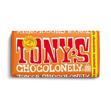 Tony's Chocolonely Variety Bundle - Milk Chocolate Caramel, Milk Chocolate with Pretzel and Toffee, 70% Dark Chocolate, Dark Chocolate with Almonds and Sea Salt 6.35oz (4 Pack) In Sanisco Packaging.
