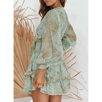 Anloli Womens Floral Print Dress Deep V Neck Ruffles Long Sleeve Floral Print Mini Dress Green XL