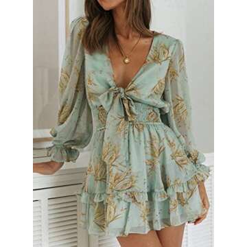 Anloli Womens Floral Print Dress Deep V Neck Ruffles Long Sleeve Floral Print Mini Dress Green XL