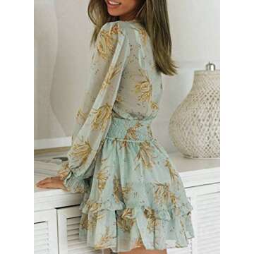 Anloli Womens Floral Print Dress Deep V Neck Ruffles Long Sleeve Floral Print Mini Dress Green XL