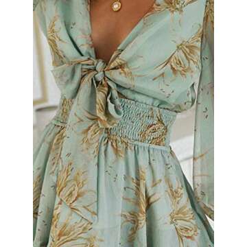 Anloli Womens Floral Print Dress Deep V Neck Ruffles Long Sleeve Floral Print Mini Dress Green XL