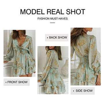 Anloli Womens Floral Print Dress Deep V Neck Ruffles Long Sleeve Floral Print Mini Dress Green XL