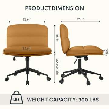FLEXISPOT Cross Legged Office Chair for Vanity Desk Criss Cross Chair with Wheels Armless Office Chair Vanity Chair Comfy Wide Seat Cushion PU Leather(Brown)
