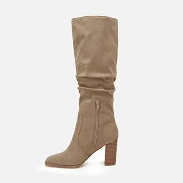 Juliet Holy Womens Knee High Boots Chunky High Heel Square Toe Side Zipper Wide Calf Boot