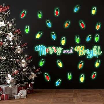 3 Sheets Glow in The Dark Wall Decals - Merry and Bright Wall Stickers - Luminous Christmas Light Bu...
