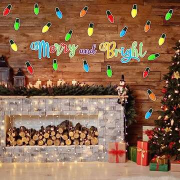 3 Sheets Glow in The Dark Wall Decals - Merry and Bright Wall Stickers - Luminous Christmas Light Bulb Stickers - PVC Window Cling Christmas Party Supplies for Holiday Decoration