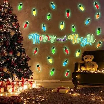 3 Sheets Glow in The Dark Wall Decals - Merry and Bright Wall Stickers - Luminous Christmas Light Bulb Stickers - PVC Window Cling Christmas Party Supplies for Holiday Decoration