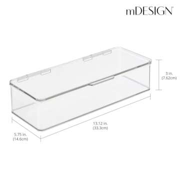 mDesign Long Plastic Kitchen Pantry/Fridge Storage Organizer Box Containers with Hinge Lid for Shelves or Cabinets, Holds Food, Snacks, Seasoning, Condiments, Flatware, Utensils, 2 Pack, Clear