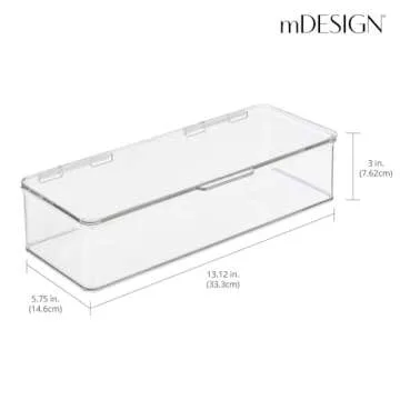 mDesign Long Plastic Kitchen Pantry/Fridge Storage Organizer Box Containers with Hinge Lid for Shelves or Cabinets, Holds Food, Snacks, Seasoning, Condiments, Flatware, Utensils, 2 Pack, Clear