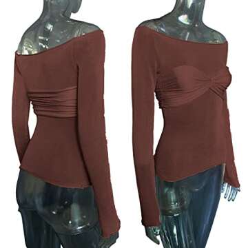 Women's Sexy Crop Top Long Sleeve Off Shoulder Going Out Tops Slim Fit Mesh Ruched Twisted Blouse Y2K T Shirt