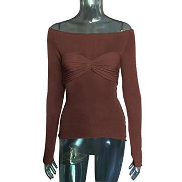 Women's Sexy Crop Top Long Sleeve Off Shoulder Going Out Tops Slim Fit Mesh Ruched Twisted Blouse Y2K T Shirt