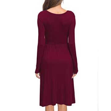 AUSELILY Women Long Sleeve Dresses Round Neck Casual Spring Swing Dress with Pockets Wine Red M