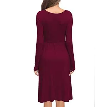 AUSELILY Women Long Sleeve Dresses Round Neck Casual Spring Swing Dress with Pockets Wine Red M
