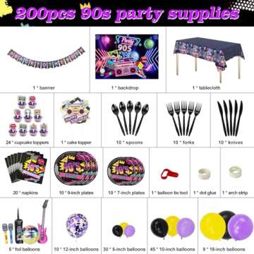 HJINGY 90s Party Decorations 80's 90's Theme Party Bundle includes Inflatable Gitar&Mobile Phone, Back To The 90's Banner, Tablecloth, Cake Toppers, Plates, Napkins, Hip-Hop Backdrop