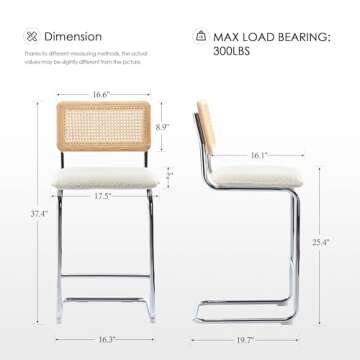 Zesthouse Natural Rattan Bar Stools Set of 4, 26'' Upholstered Boucle Fabric Barstools with Solid Wo...