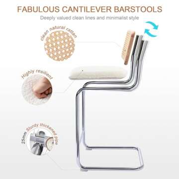 Zesthouse Natural Rattan Bar Stools Set of 4, 26'' Upholstered Boucle Fabric Barstools with Solid Wood Back, Modern Counter Height Chairs for Kitchen Island, Mid Century Cantilevered Design, White