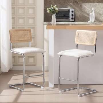 Zesthouse Natural Rattan Bar Stools Set of 4, 26'' Upholstered Boucle Fabric Barstools with Solid Wood Back, Modern Counter Height Chairs for Kitchen Island, Mid Century Cantilevered Design, White