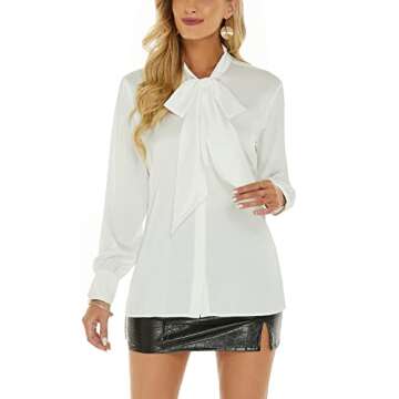 Women's Silk Blouse Bow Tie Neck Long Sleeve Satin Button Down Shirt Casual Office Blouse Top (White, Large)