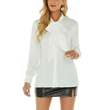 Women's Silk Blouse Bow Tie Neck Long Sleeve Satin Button Down Shirt Casual Office Blouse Top (White, Large)