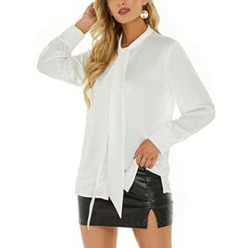 Women's Silk Blouse Bow Tie Neck Long Sleeve Satin Button Down Shirt Casual Office Blouse Top (White, Large)