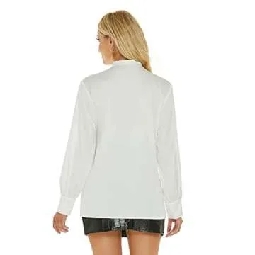 Women's Silk Blouse Bow Tie Neck Long Sleeve Satin Button Down Shirt Casual Office Blouse Top (White, Large)