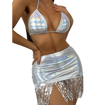 Sexy Metallic Bikini Set with Holographic Skirt for Beach & Festivals