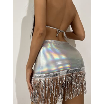 Hatant Metallic Bikini Set with Holographic Skirt Beach Party