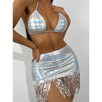 Hatant Metallic Bikini Set with Holographic Skirt Beach Party