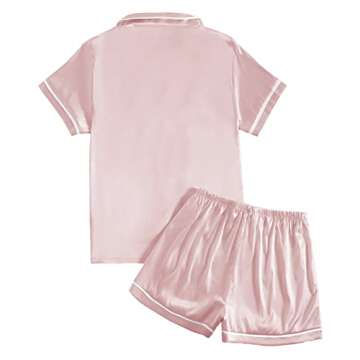 LYANER Women's Satin Silky Short Sleeve Button Shirt Pajama Set - Solid Pink