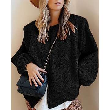 KIRUNDO Women's 2024 Fall Winter Sherpa Fleece Jacket Faux Wool Embedded Lantern Sleeve Casual Loose Outwear With Pockets(Black, Small)