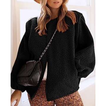 KIRUNDO Women's 2024 Fall Winter Sherpa Fleece Jacket Faux Wool Embedded Lantern Sleeve Casual Loose Outwear With Pockets(Black, Small)
