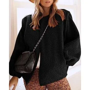 KIRUNDO Women's 2024 Fall Winter Sherpa Fleece Jacket Faux Wool Embedded Lantern Sleeve Casual Loose Outwear With Pockets(Black, Small)
