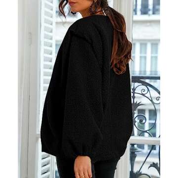 KIRUNDO Women's 2024 Fall Winter Sherpa Fleece Jacket Faux Wool Embedded Lantern Sleeve Casual Loose Outwear With Pockets(Black, Small)
