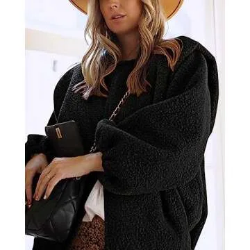 KIRUNDO Women's 2024 Fall Winter Sherpa Fleece Jacket Faux Wool Embedded Lantern Sleeve Casual Loose Outwear With Pockets(Black, Small)