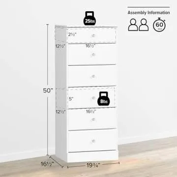 Prepac Astrid Simplistic 6-Drawer Tall Dresser for Bedroom, Functional Chest of Drawers with Acrylic Knobs, 16.5"D x 19.75"W x 50"H, White