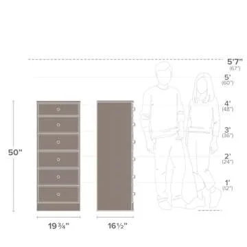 Prepac Astrid Simplistic 6-Drawer Tall Dresser for Bedroom, Functional Chest of Drawers with Acrylic Knobs, 16.5"D x 19.75"W x 50"H, White
