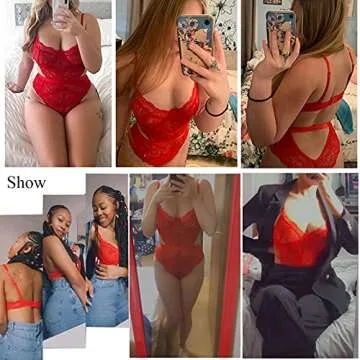 Aranmei Women's Sexy Lace Bodysuit Snap Crotch Red XX-Large