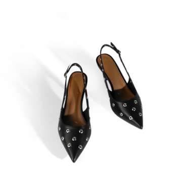 anteikira Women's Kitten Heel Eyelet Slingback Pumps Pointed Toe Buckle 2 Inch Low Heel Slingbacks Fashion Dressy Party Heels for Women Black B Size8