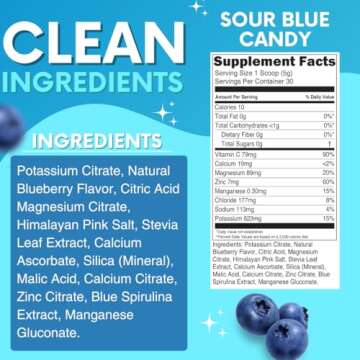 Zero Sugar - Sour Blue Candy Electrolytes Powder - Refreshing Hydration - Caffeine Free Energy - All Natural Ingredients - Vegan, Keto & Paleo - Sugar Free Electrolyte Powder Drink Mix - 30 Servings