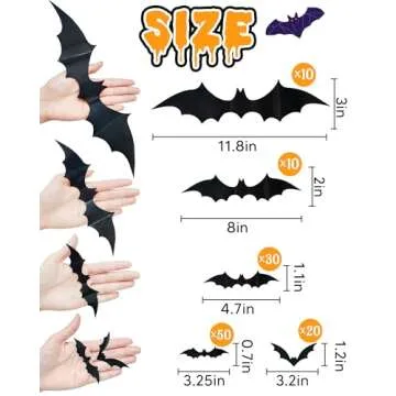 120 Pcs Halloween Decorations 3D Bats Decor, 4 Sizes Scary Halloween Decor Indoor Bat Stickers Halloween Decorations for Bedroom Bathroom Door Wall Decor Halloween Party Decorations