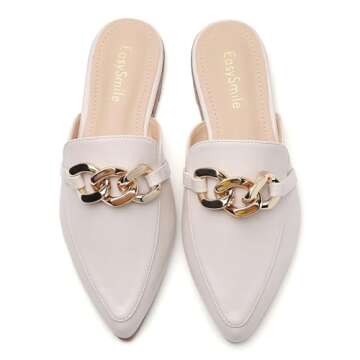 EasySmile Metal Chain Decor Flat Mules for Women Closed Pointed Toe Slip on Loafers Slides Backless ...
