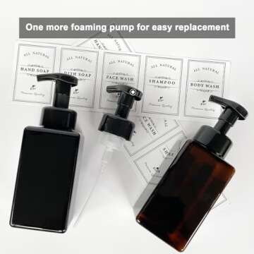 Foaming Soap Dispenser, 2 Pack Plastic Refillable Foaming Hand Soap Dispenser with 10 Pcs Waterproof Labels, 450ml (15oz) Foam Pump Bottle for Bathroom and Kitchen (Amber)