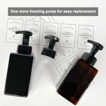 Foaming Soap Dispenser, 2 Pack Plastic Refillable Foaming Hand Soap Dispenser with 10 Pcs Waterproof Labels, 450ml (15oz) Foam Pump Bottle for Bathroom and Kitchen (Amber)