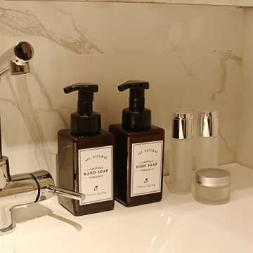 Foaming Soap Dispenser, 2 Pack Plastic Refillable Foaming Hand Soap Dispenser with 10 Pcs Waterproof Labels, 450ml (15oz) Foam Pump Bottle for Bathroom and Kitchen (Amber)