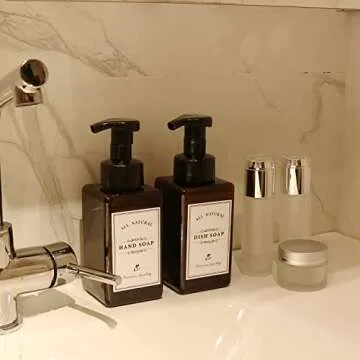 Foaming Soap Dispenser, 2 Pack Plastic Refillable Foaming Hand Soap Dispenser with 10 Pcs Waterproof Labels, 450ml (15oz) Foam Pump Bottle for Bathroom and Kitchen (Amber)